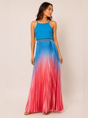 Rare Editions Girls 16 Blue Pink Ombre Pleated Maxi Dress NWT